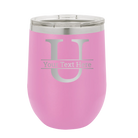 Personalized light purple 12 oz vacuum insulated wine cup with 'Monogram letter U' design