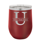 Personalized maroon 12 oz vacuum insulated wine cup with 'Monogram letter U' design