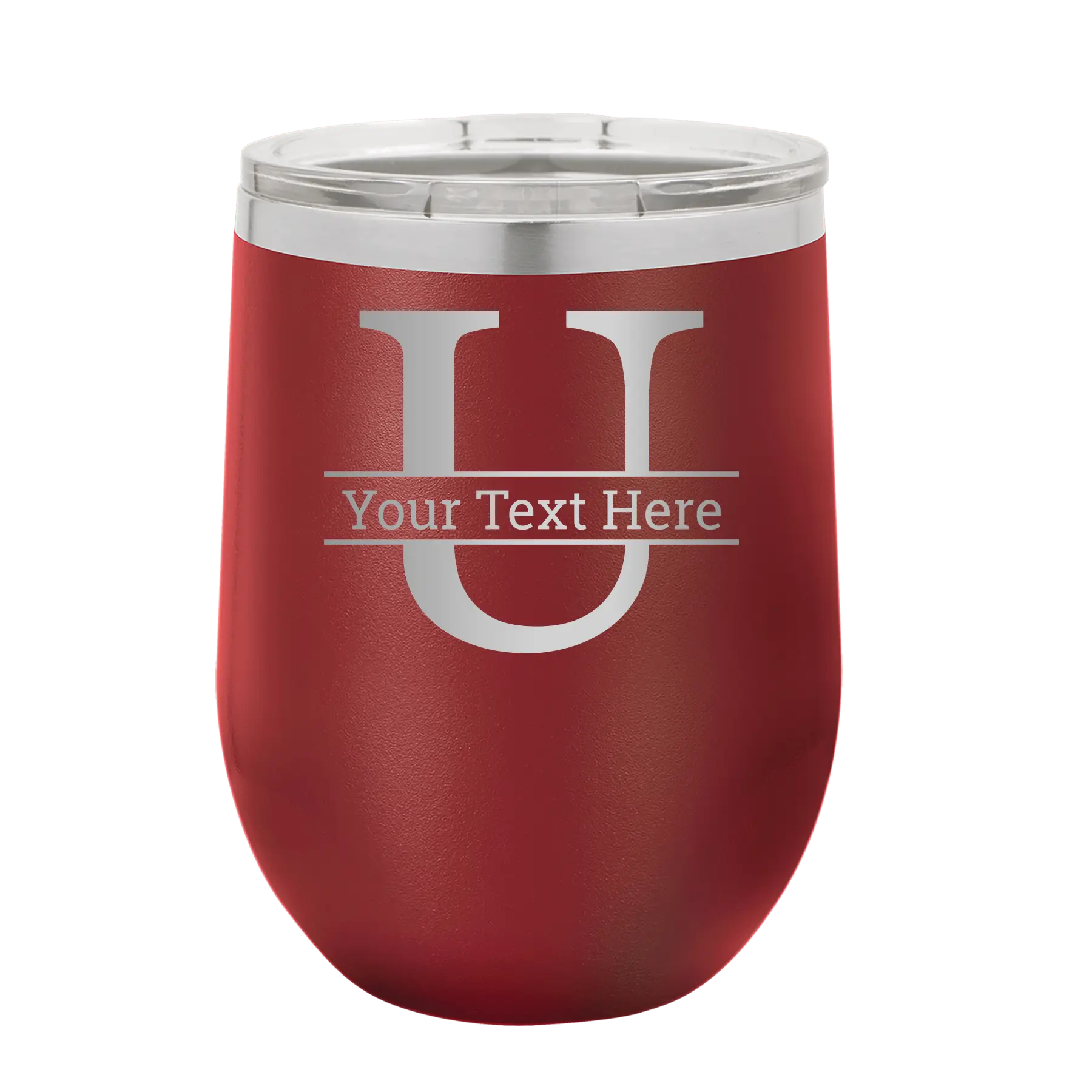 Personalized maroon 12 oz vacuum insulated wine cup with 'Monogram letter U' design