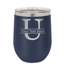 Personalized navy 12 oz vacuum insulated wine cup with 'Monogram letter U' design