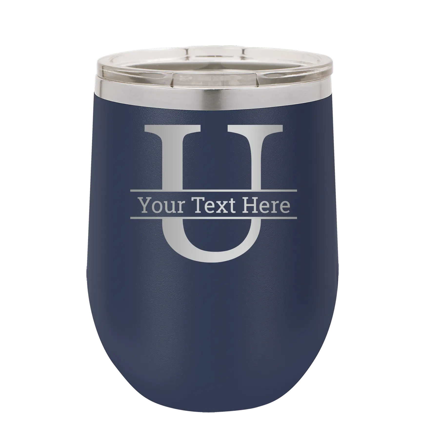 Personalized navy 12 oz vacuum insulated wine cup with 'Monogram letter U' design