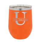 Personalized orange 12 oz vacuum insulated wine cup with 'Monogram letter U' design
