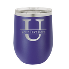 Personalized purple 12 oz vacuum insulated wine cup with 'Monogram letter U' design