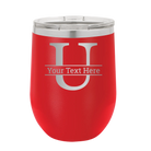 Personalized red 12 oz vacuum insulated wine cup with 'Monogram letter U' design