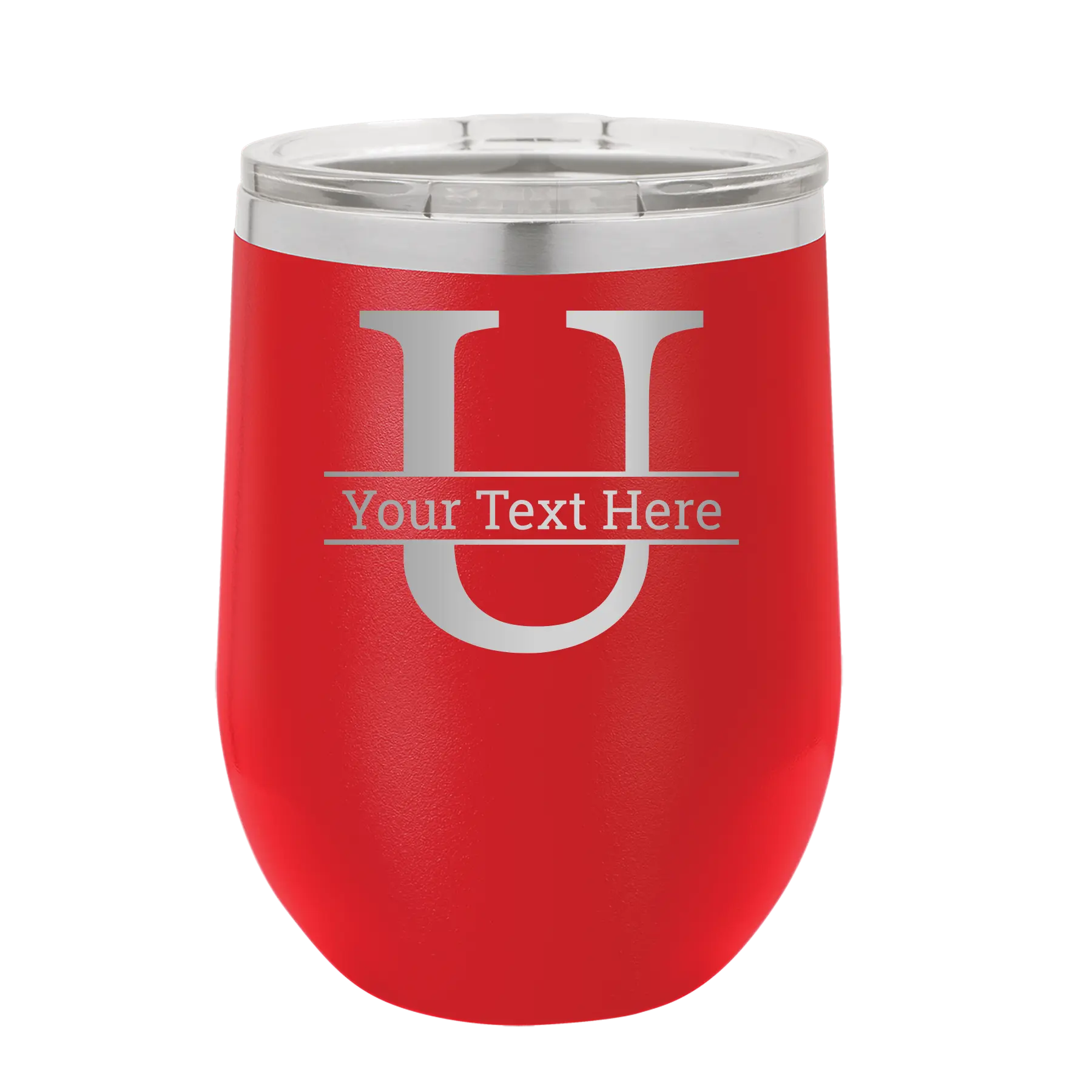 Personalized red 12 oz vacuum insulated wine cup with 'Monogram letter U' design