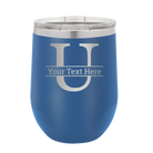 Personalized royal blue 12 oz vacuum insulated wine cup with 'Monogram letter U' design