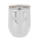 Personalized white 12 oz vacuum insulated wine cup with 'Monogram letter U' design