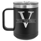 Personalized black 15 oz vacuum insulated coffee mug with 'Monogram letter V' design