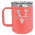Personalized coral 15 oz vacuum insulated coffee mug with 'Monogram letter V' design