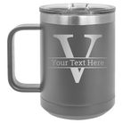 Personalized dark gray 15 oz vacuum insulated coffee mug with 'Monogram letter V' design