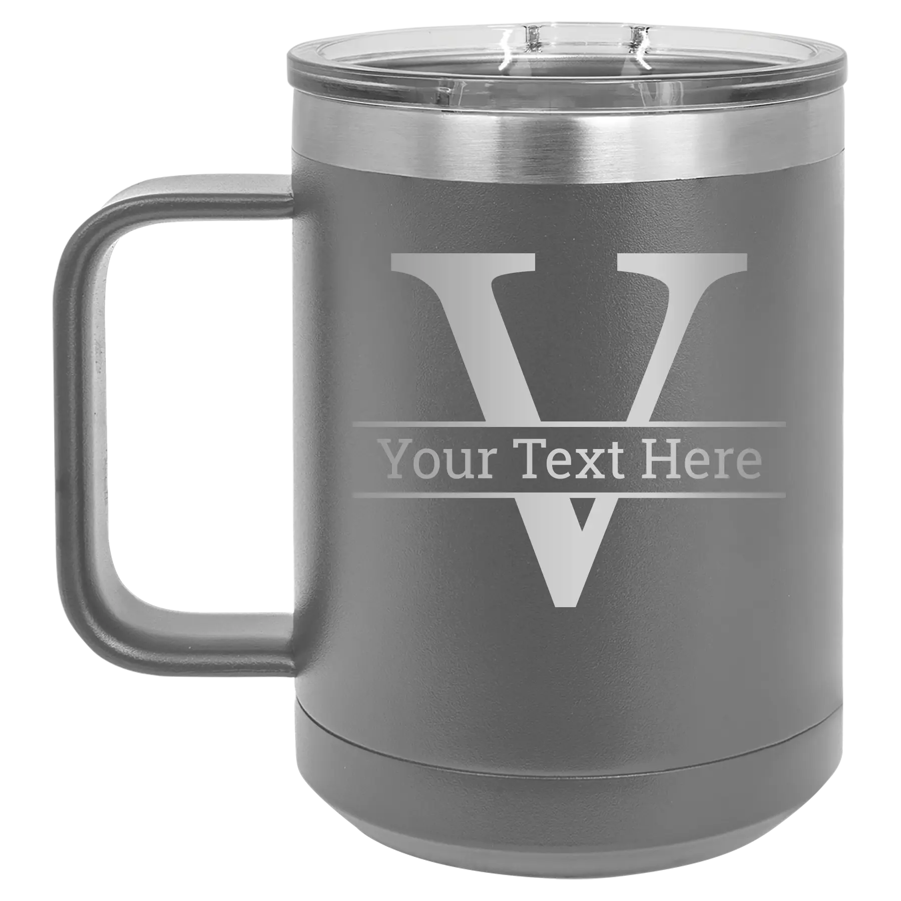 Personalized dark gray 15 oz vacuum insulated coffee mug with 'Monogram letter V' design