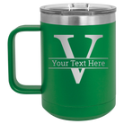 Personalized green 15 oz vacuum insulated coffee mug with 'Monogram letter V' design