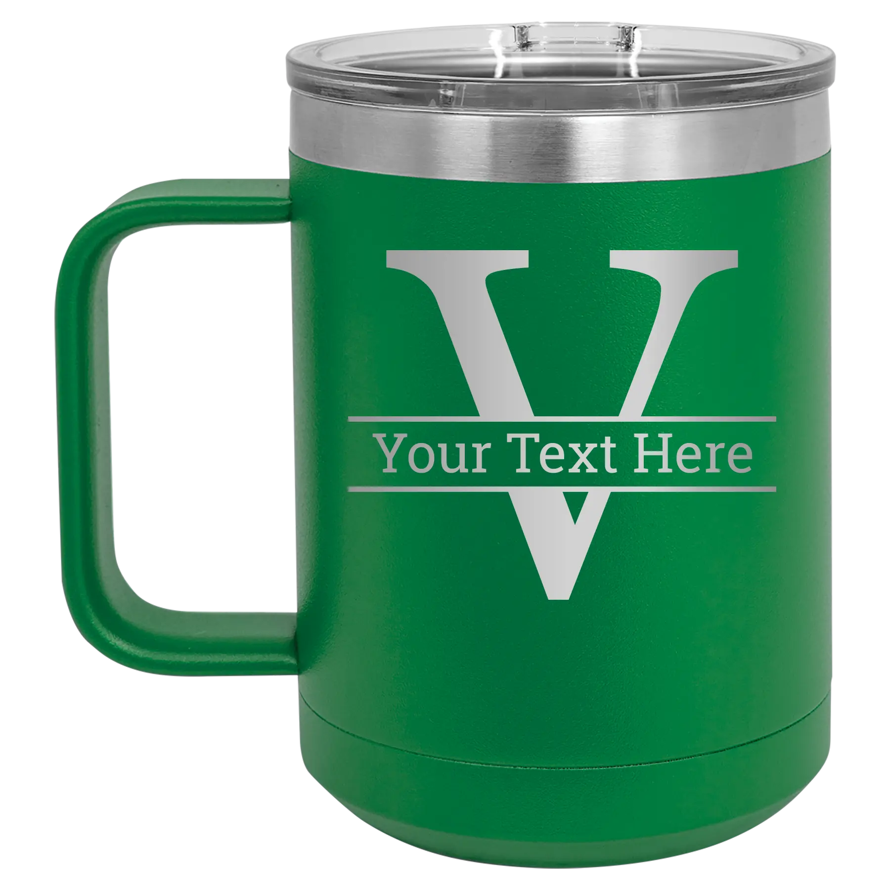 Personalized green 15 oz vacuum insulated coffee mug with 'Monogram letter V' design