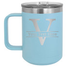 Personalized light blue 15 oz vacuum insulated coffee mug with 'Monogram letter V' design
