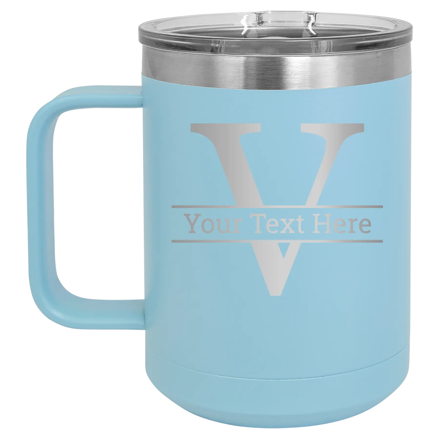 Personalized light blue 15 oz vacuum insulated coffee mug with 'Monogram letter V' design