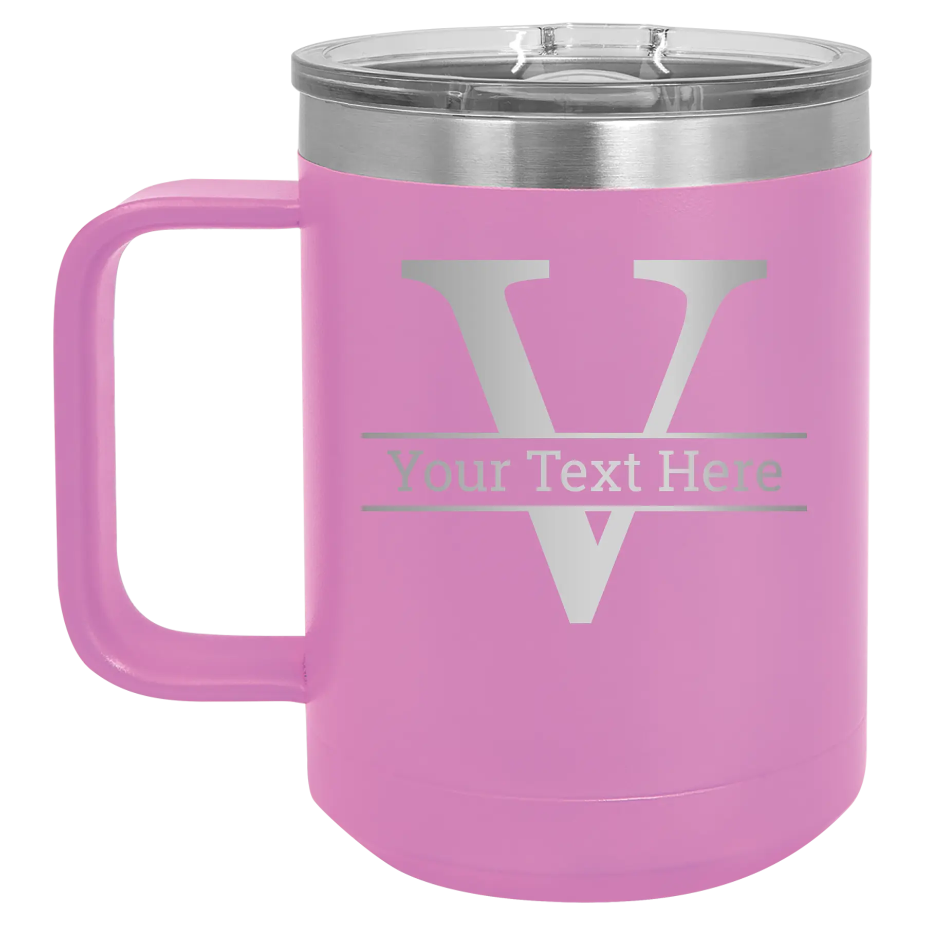 Personalized light purple 15 oz vacuum insulated coffee mug with 'Monogram letter V' design