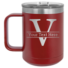 Personalized maroon 15 oz vacuum insulated coffee mug with 'Monogram letter V' design