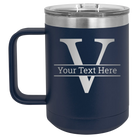 Personalized navy 15 oz vacuum insulated coffee mug with 'Monogram letter V' design