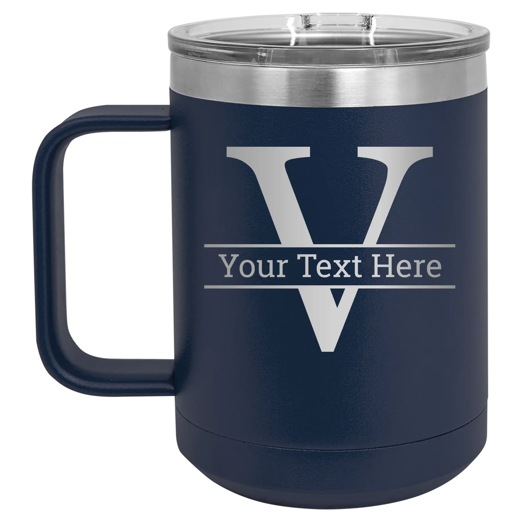 Personalized navy 15 oz vacuum insulated coffee mug with 'Monogram letter V' design