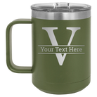 Personalized olive green 15 oz vacuum insulated coffee mug with 'Monogram letter V' design