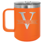 Personalized orange 15 oz vacuum insulated coffee mug with 'Monogram letter V' design
