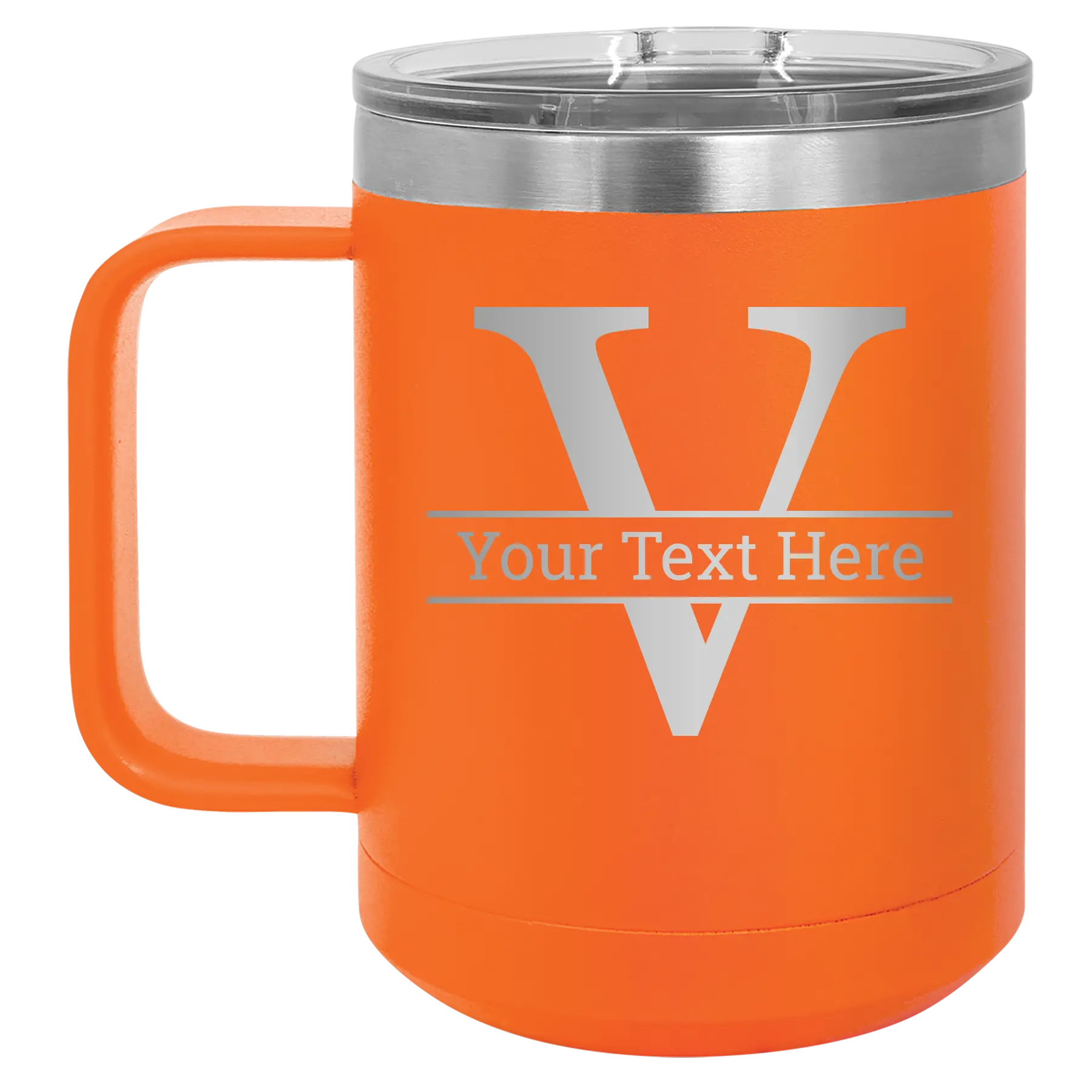 Personalized orange 15 oz vacuum insulated coffee mug with 'Monogram letter V' design