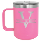 Personalized pink 15 oz vacuum insulated coffee mug with 'Monogram letter V' design