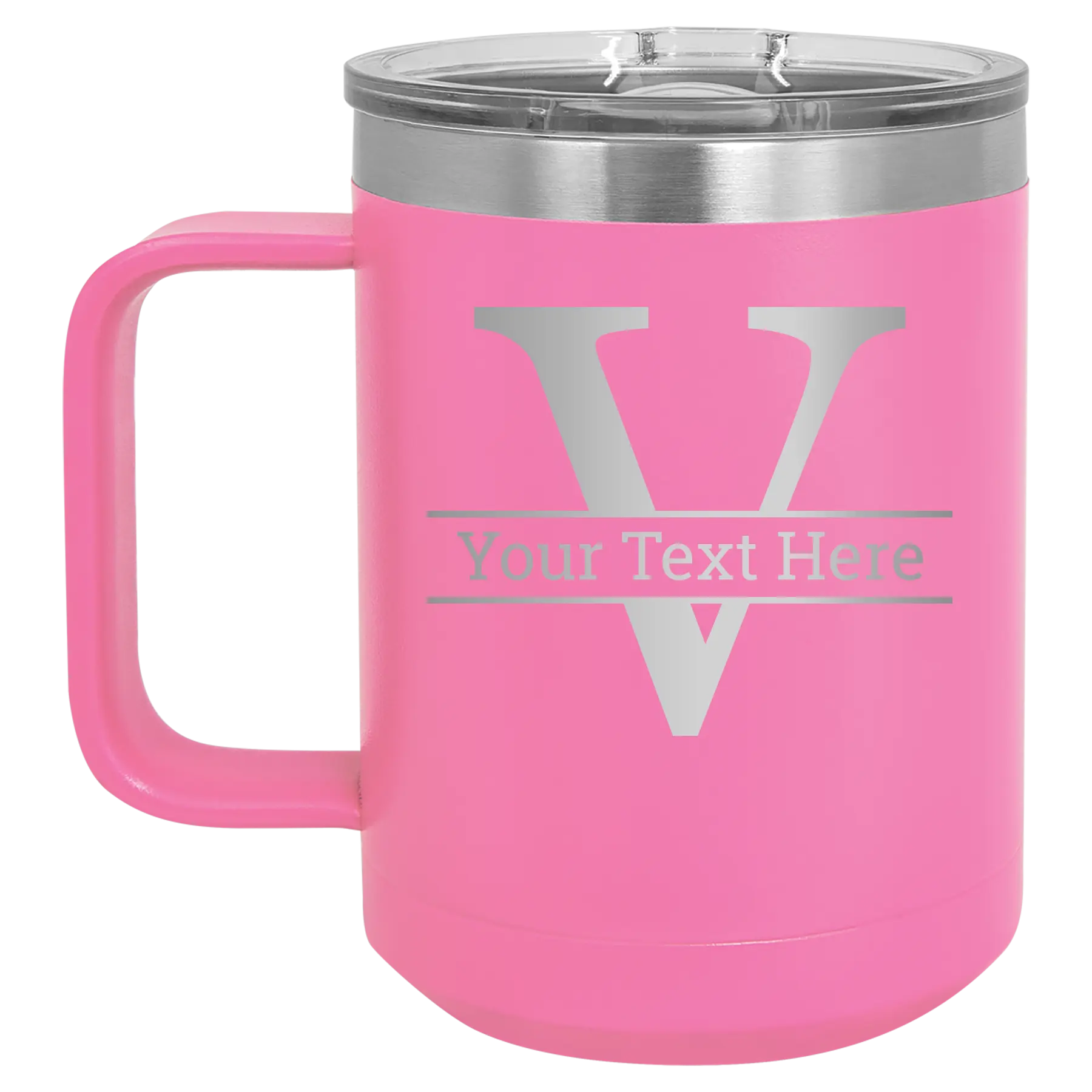 Personalized pink 15 oz vacuum insulated coffee mug with 'Monogram letter V' design