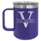 Personalized purple 15 oz vacuum insulated coffee mug with 'Monogram letter V' design