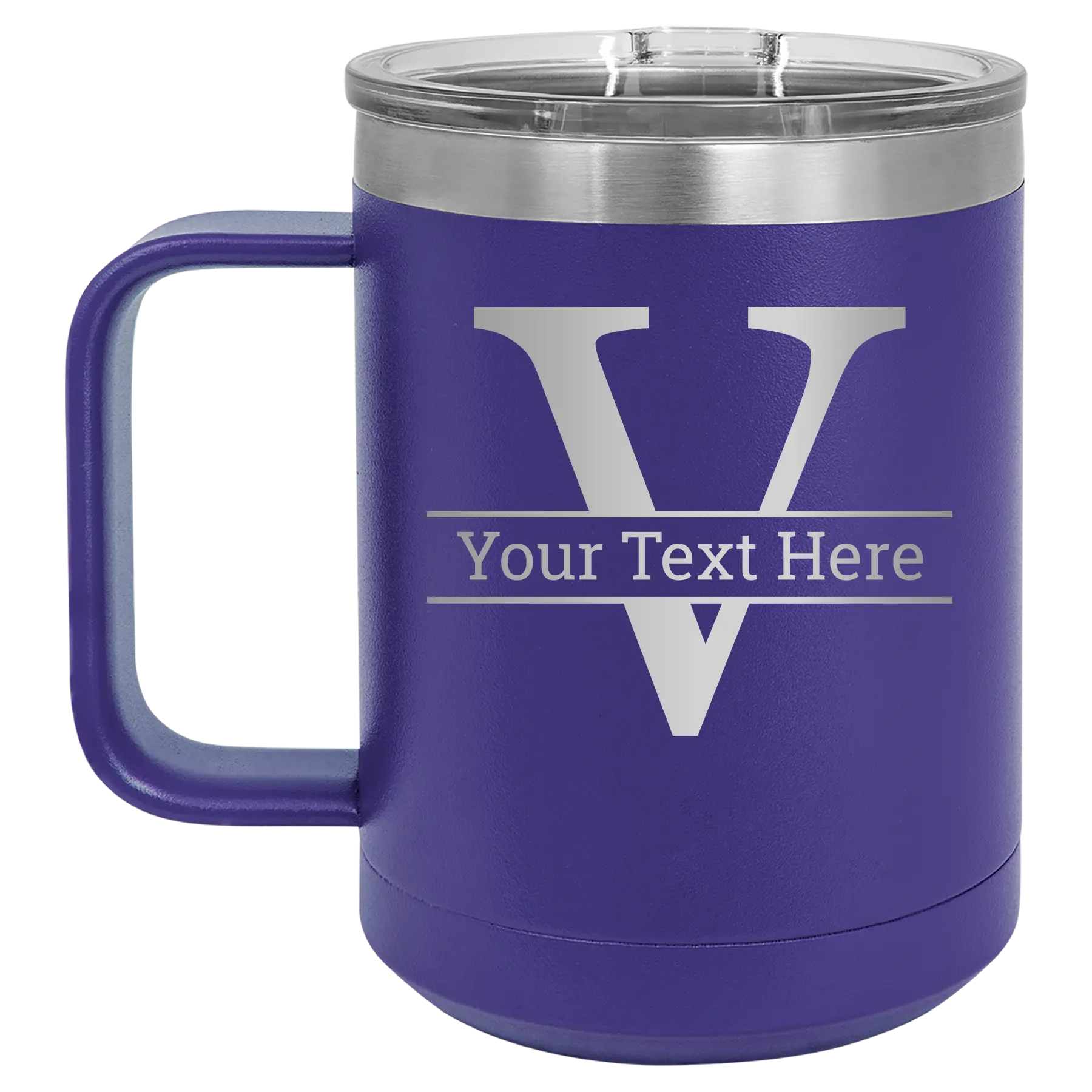 Personalized purple 15 oz vacuum insulated coffee mug with 'Monogram letter V' design