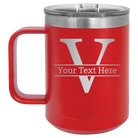 Personalized red 15 oz vacuum insulated coffee mug with 'Monogram letter V' design