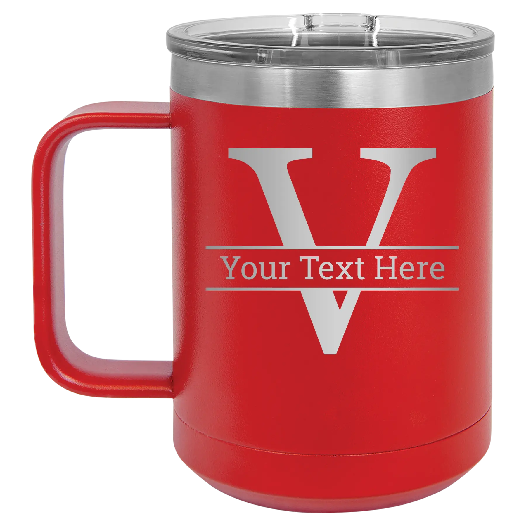 Personalized red 15 oz vacuum insulated coffee mug with 'Monogram letter V' design