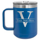 Personalized royal blue 15 oz vacuum insulated coffee mug with 'Monogram letter V' design