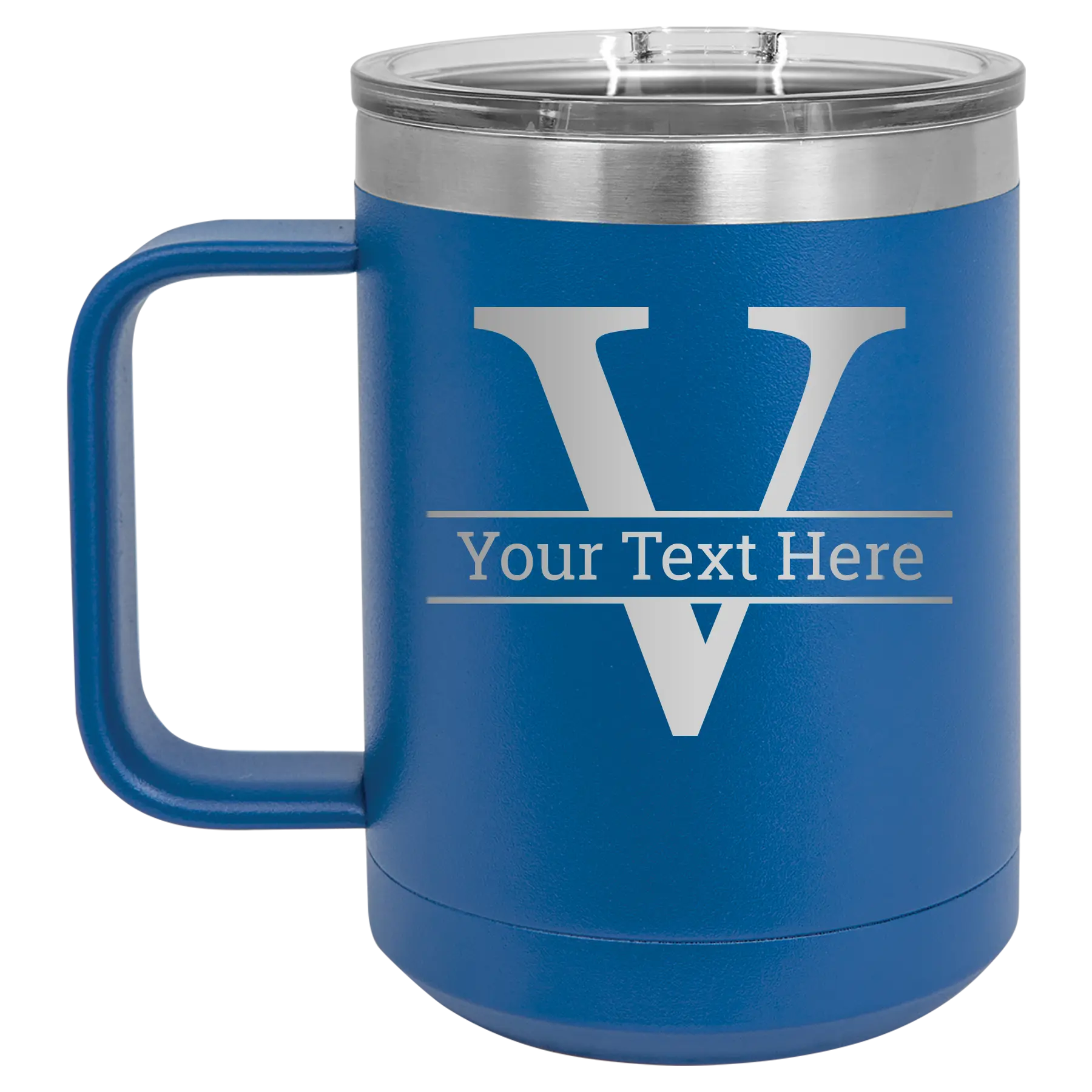 Personalized royal blue 15 oz vacuum insulated coffee mug with 'Monogram letter V' design