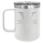 Personalized white 15 oz vacuum insulated coffee mug with 'Monogram letter V' design