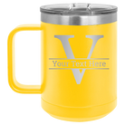Personalized yellow 15 oz vacuum insulated coffee mug with 'Monogram letter V' design