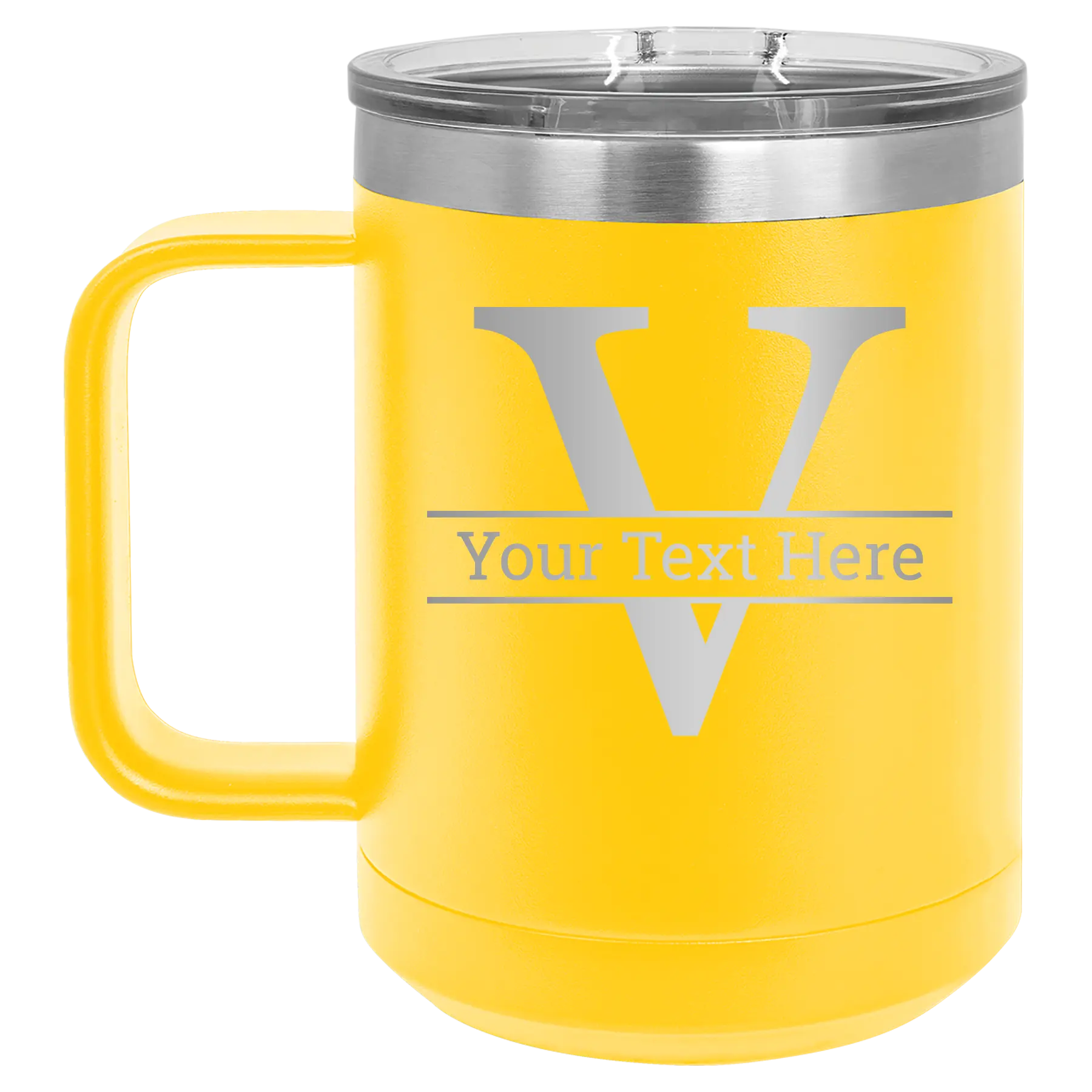 Personalized yellow 15 oz vacuum insulated coffee mug with 'Monogram letter V' design
