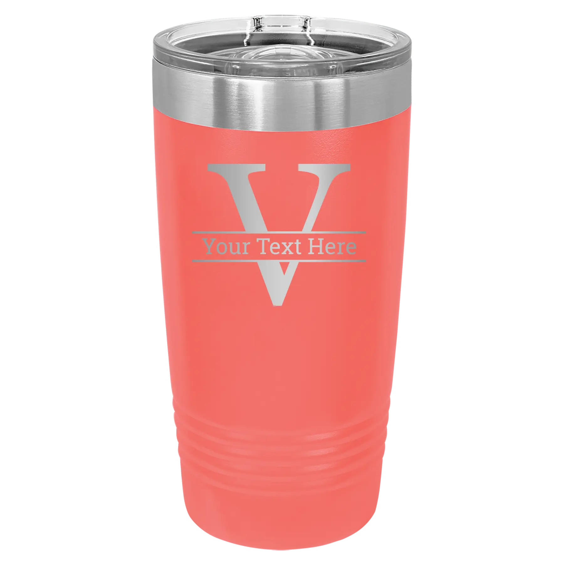 Personalized coral 20 oz vacuum insulated tumbler with 'Monogram letter V' design