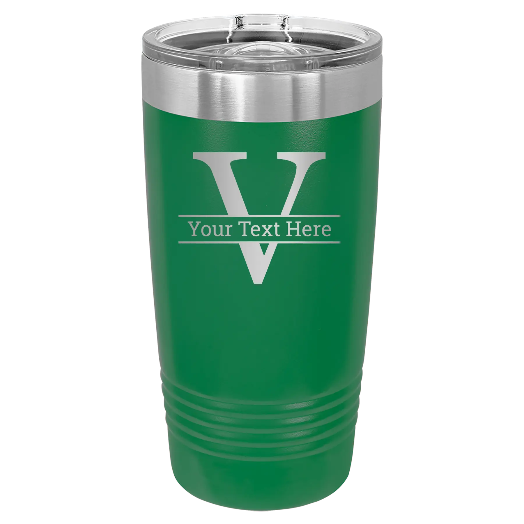 Personalized green 20 oz vacuum insulated tumbler with 'Monogram letter V' design