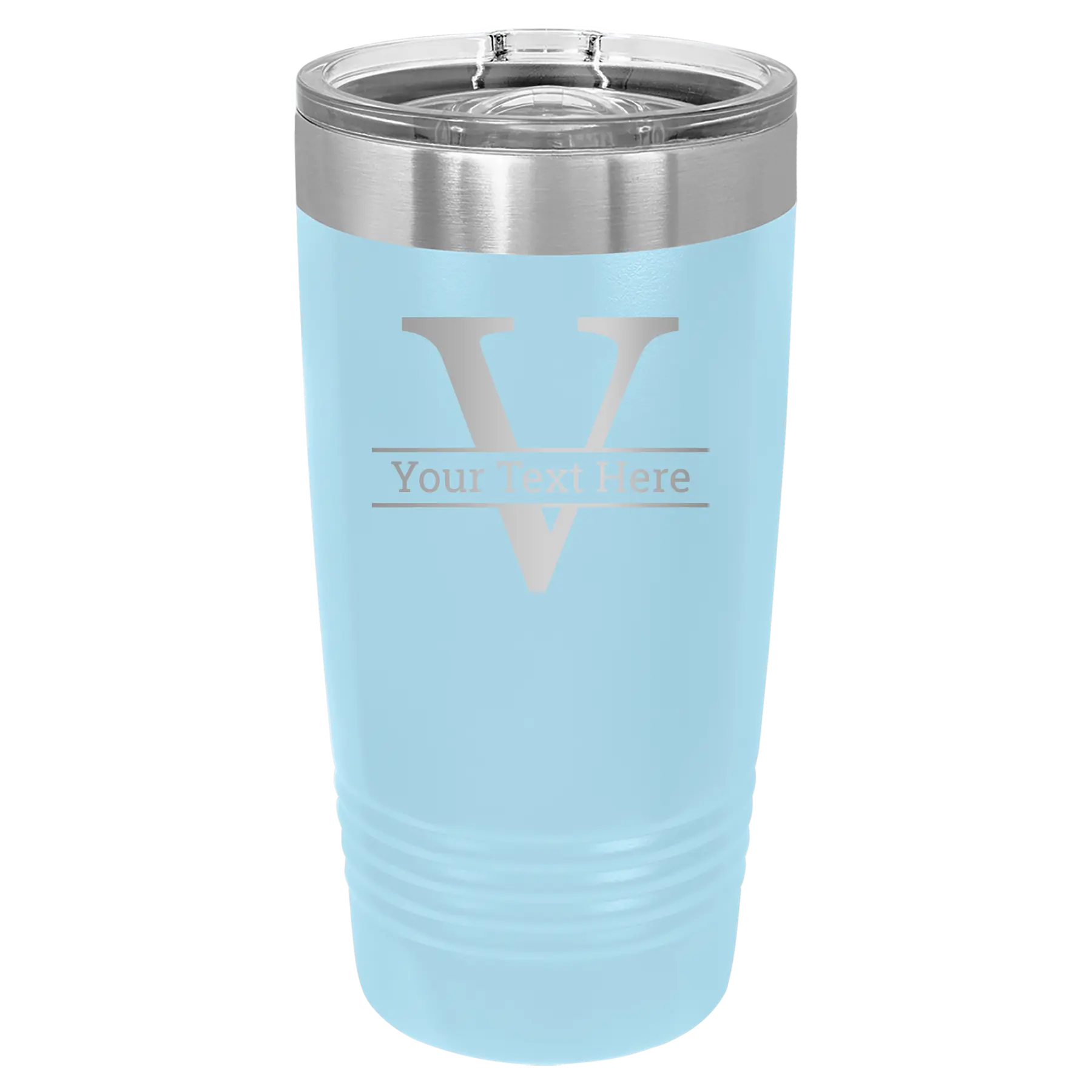 Personalized light blue 20 oz vacuum insulated tumbler with 'Monogram letter V' design
