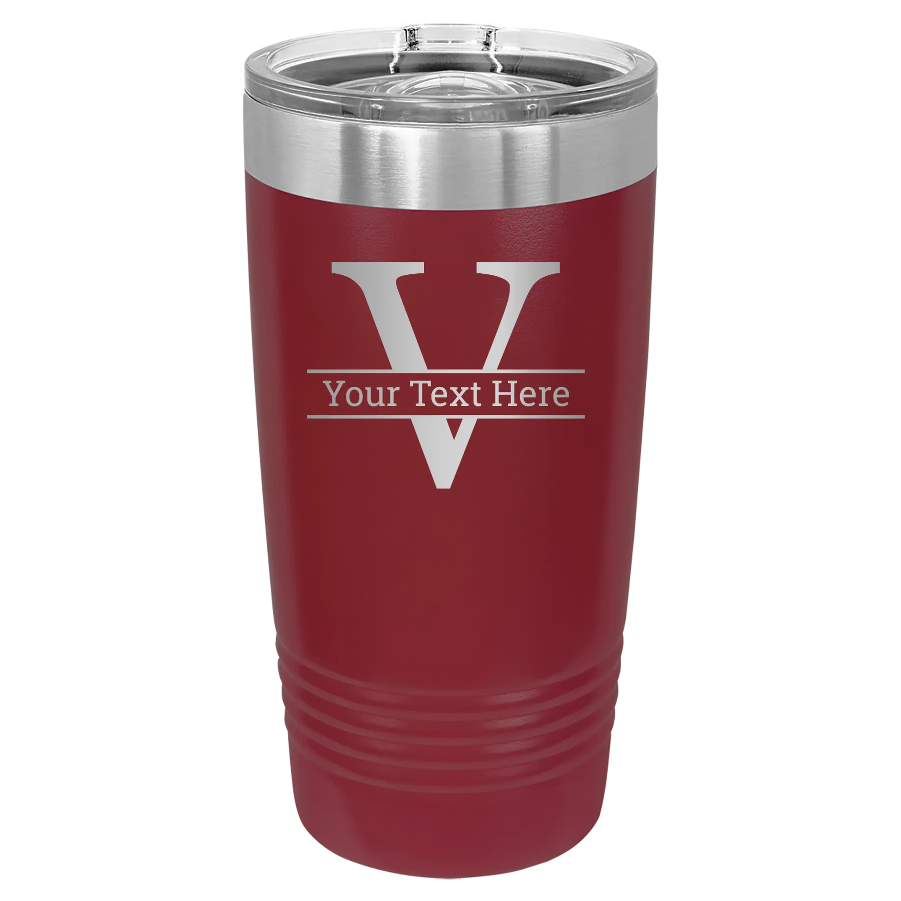 Personalized maroon 20 oz vacuum insulated tumbler with 'Monogram letter V' design