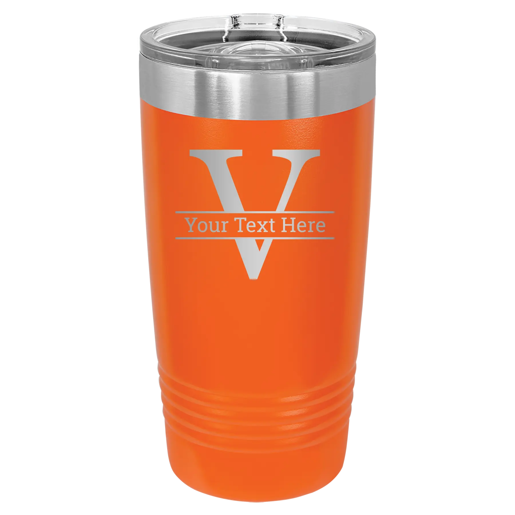 Personalized orange 20 oz vacuum insulated tumbler with 'Monogram letter V' design