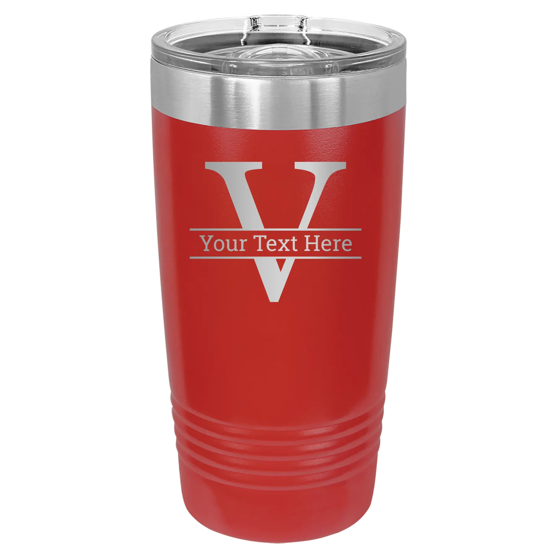 Personalized red 20 oz vacuum insulated tumbler with 'Monogram letter V' design