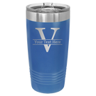 Personalized royal blue 20 oz vacuum insulated tumbler with 'Monogram letter V' design