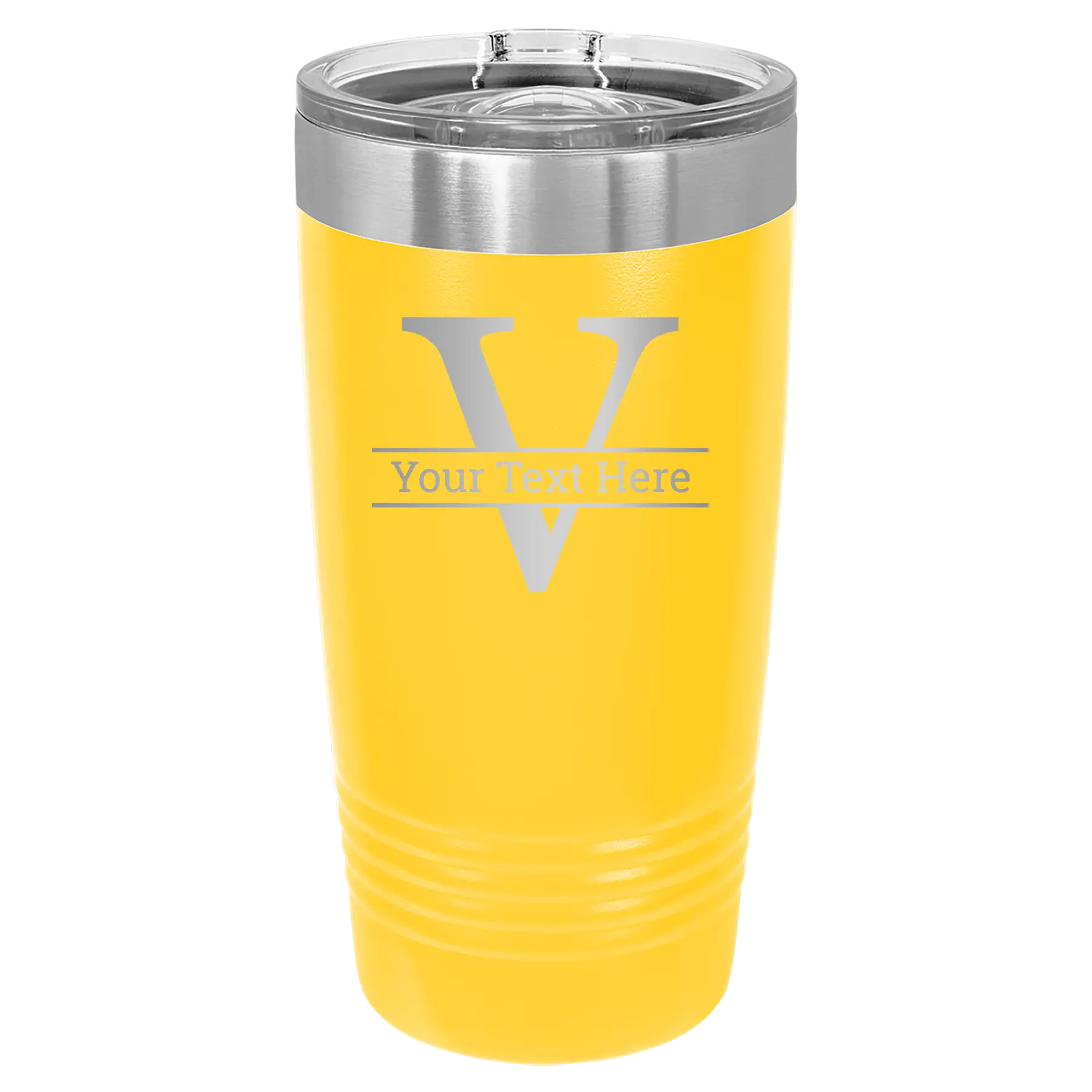 Personalized yellow 20 oz vacuum insulated tumbler with 'Monogram letter V' design