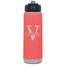 Personalized coral 20 oz vacuum insulated water bottle with 'Monogram letter V' design