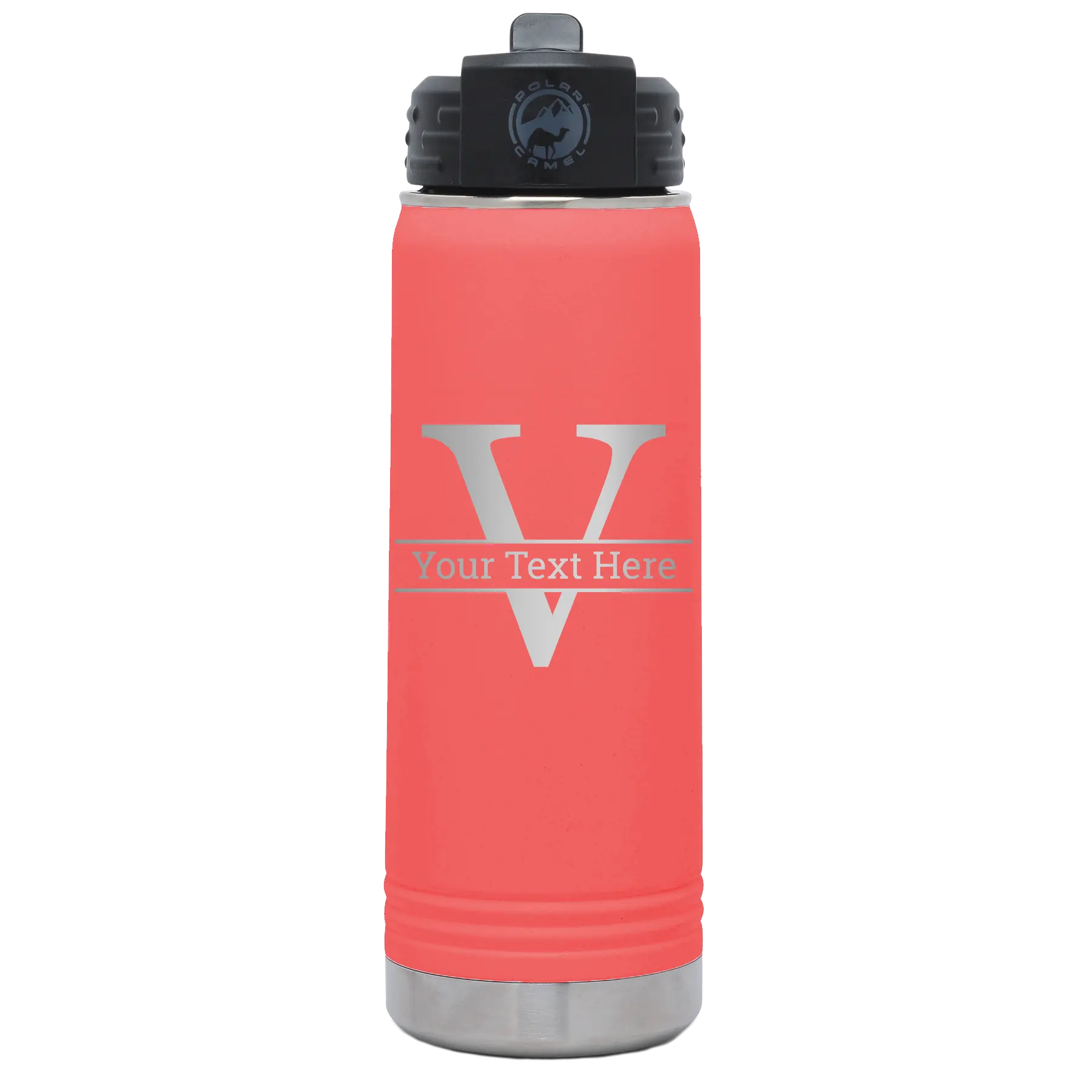 Personalized coral 20 oz vacuum insulated water bottle with 'Monogram letter V' design