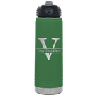 Personalized green 20 oz vacuum insulated water bottle with 'Monogram letter V' design
