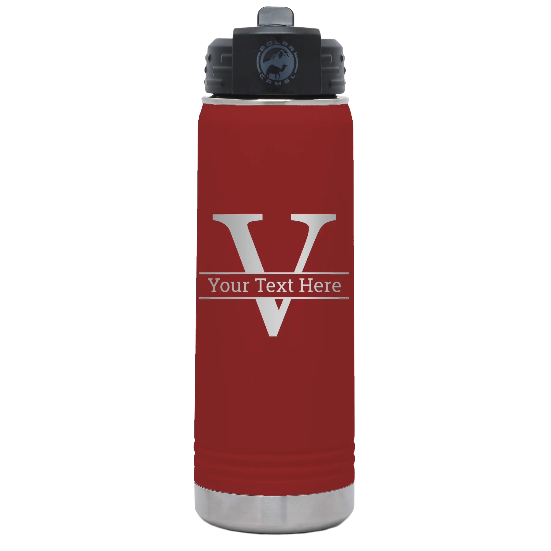 Personalized maroon 20 oz vacuum insulated water bottle with 'Monogram letter V' design