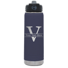 Personalized navy 20 oz vacuum insulated water bottle with 'Monogram letter V' design